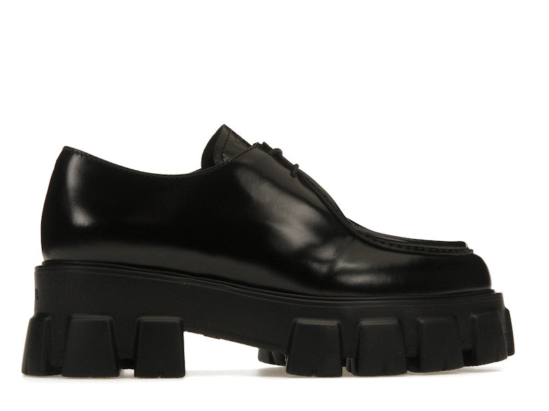 Prada Monolith 55mm Pointy Lace Up Loafer Black Brushed Leather