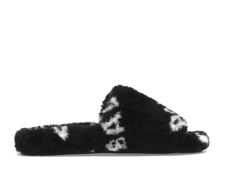 Balenciaga Furry Slide Fake Fur Logo Allover Black White