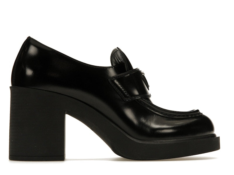 Prada Chocolate High-Heeled 85mm Loafers Black Brushed Leather