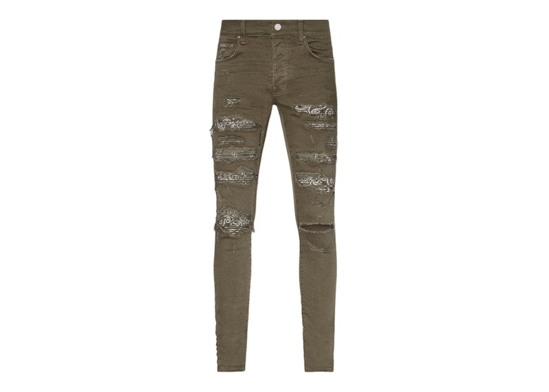 AMIRI Distressed Bandana Thrasher Skinny Jeans Olive
