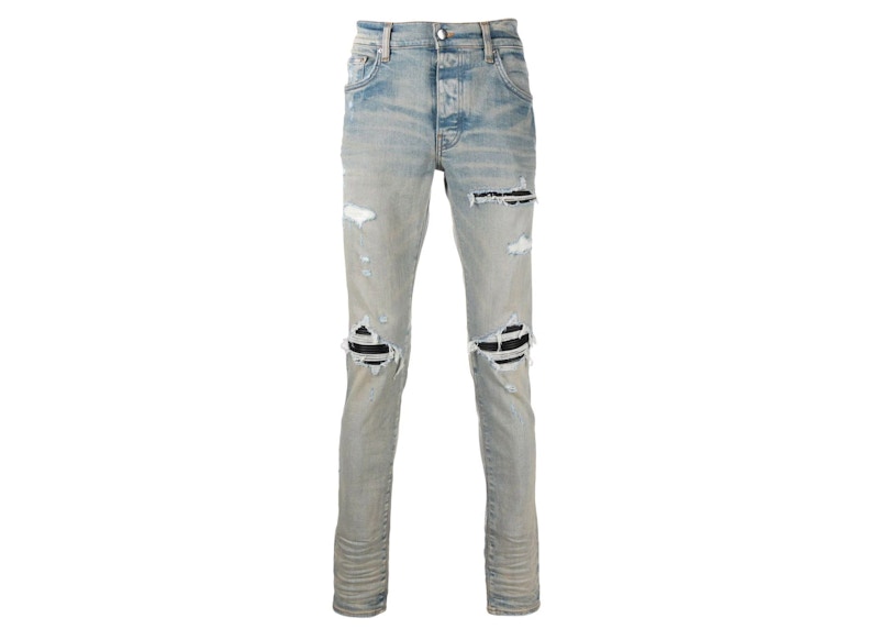 AMIRI Distressed Finish Ripped Skinny Jeans Light Indigo Blue
