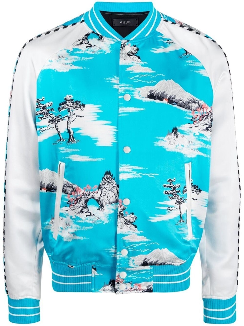 AMIRI Hawaiian Print Bomber Jacket Cyan Blue