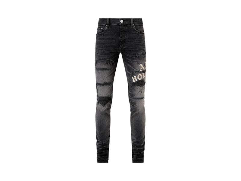 AMIRI Hollywood Leather Applique Thrasher Repaired Skinny Jean Honeycomb Indigo