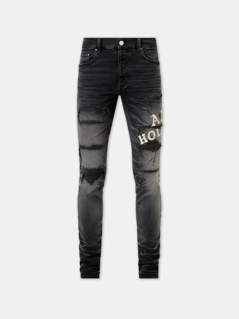 AMIRI Hollywood Leather Applique Thrasher Repaired Skinny Jeans Honey Comb Indigo