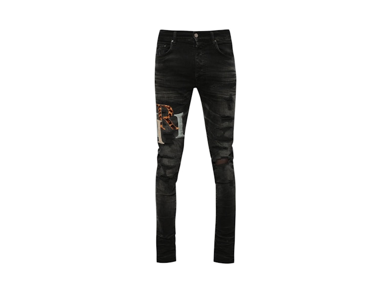 AMIRI Leather Staggered Logo Jean Faded Black