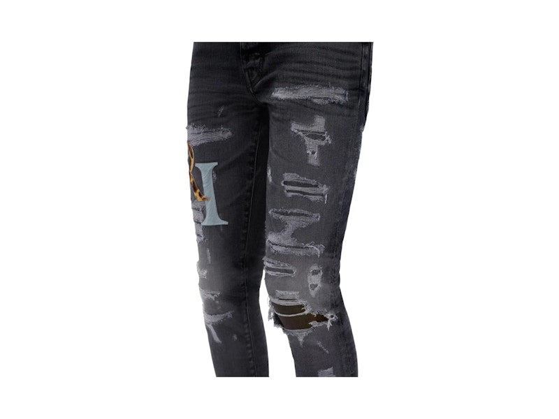 AMIRI Leather Staggered Logo Jeans Faded Black
