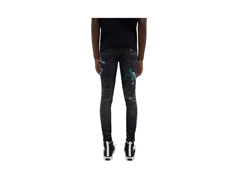 AMIRI Leather Staggered Logo Jeans Faded Black