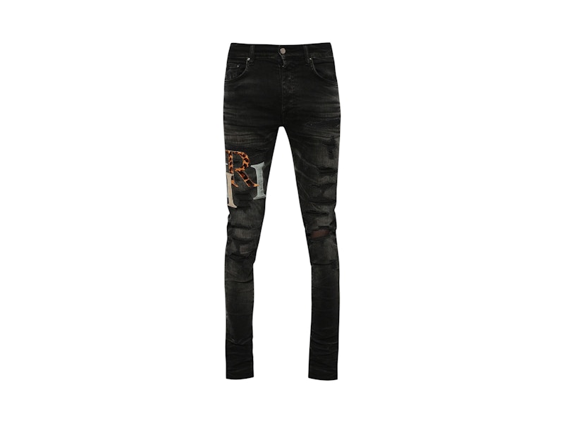 AMIRI Leather Staggered Logo Jeans Faded Black