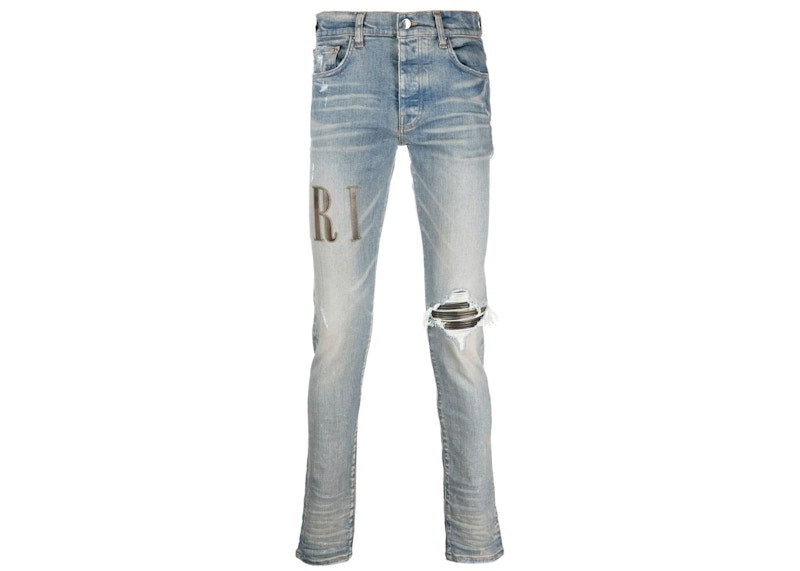 AMIRI Logo Distressed Skinny Jeans Indigo Blue