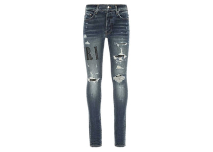 AMIRI Logo Patch Distressed Fitted Jeans Indigo