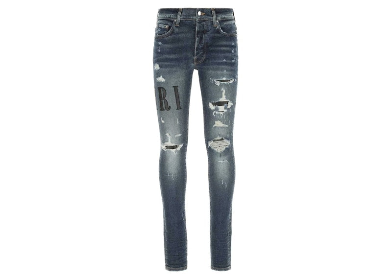 AMIRI Logo Patch Distressed Fitted Jeans Indigo