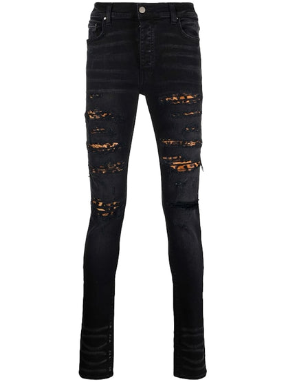AMIRI MX1 Mid Rise Skinny Jeans Black/Leopard Print