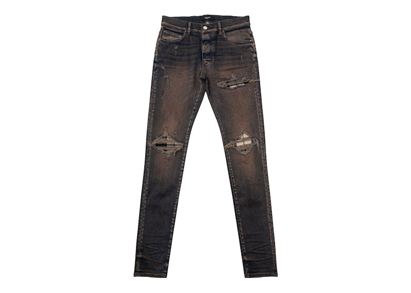 AMIRI MX1 Plaid Distressed Skinny Fit Jeans Dark Indigo