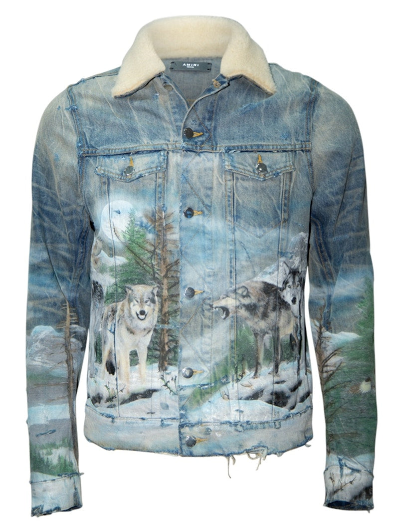 AMIRI Sherling Airbrush Wolf Denim Trucker Jacket Blue