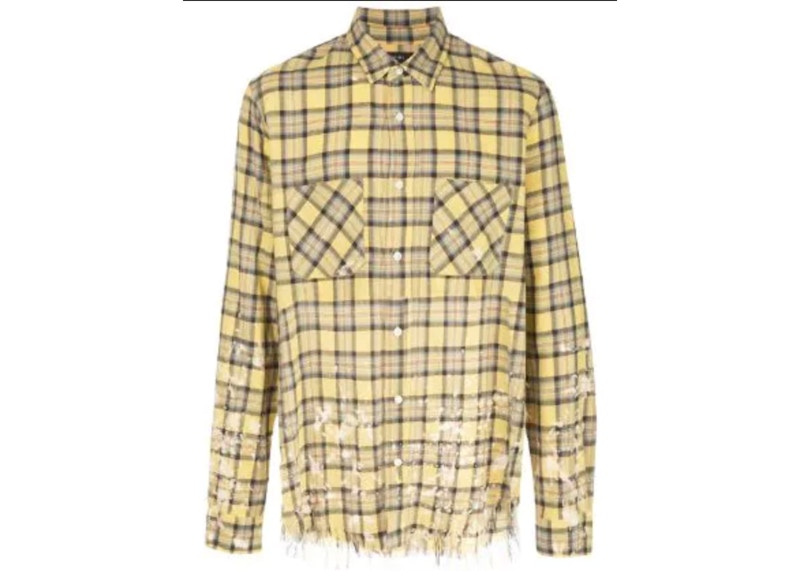 AMIRI Splatter Distressed Plaid Shirt Yellow/Blue