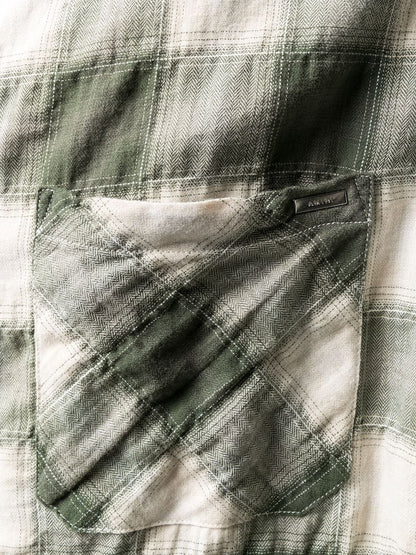 AMIRI Sunfaded Check Raw Cut Flannel Shirt Military Green