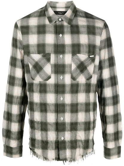 AMIRI Sunfaded Check Raw Cut Flannel Shirt Military Green