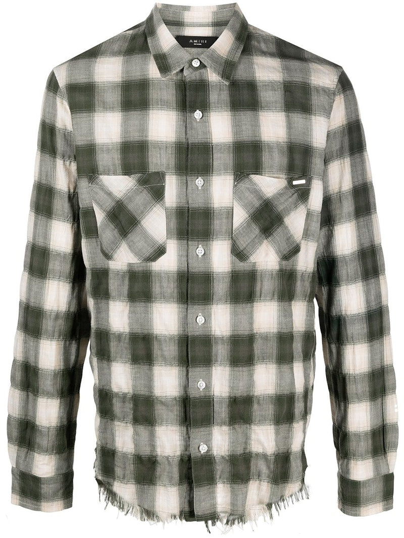 AMIRI Sunfaded Check Raw Cut Flannel Shirt Military Green