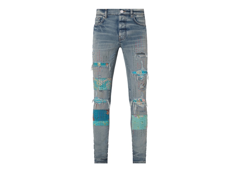 AMIRI Vintage Quilt Art Patch Skinny Jean Clay Indigo