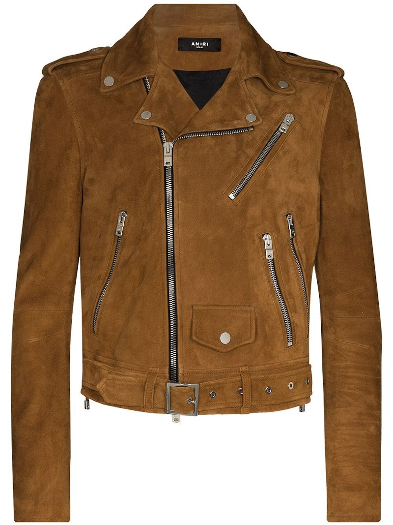 AMIRI Zip Pockets Leather Biker Jacket Tobacco Brown