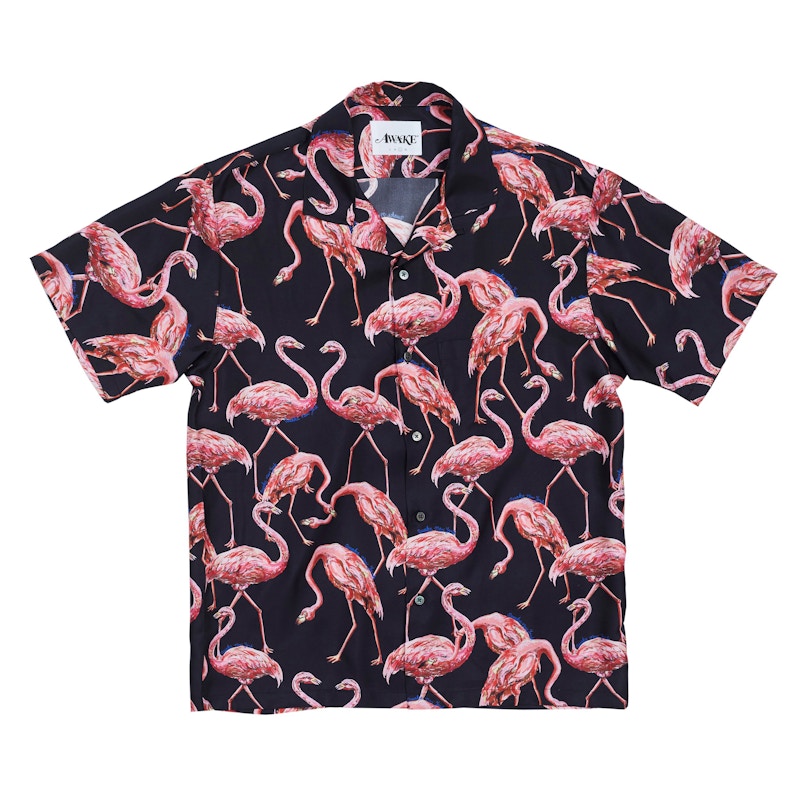 Awake Silk Flamingo Print Camp Shirt Black