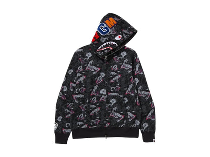 BAPE A Bathing Ape Japanese Tattoo Camo Shark Full Zip Hoodie Black