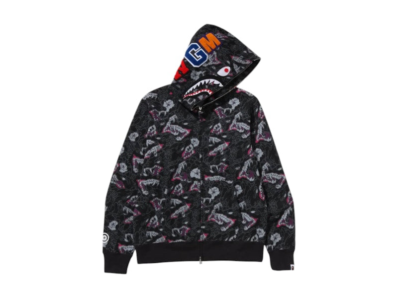 BAPE A Bathing Ape Japanese Tattoo Camo Shark Full Zip Hoodie Black