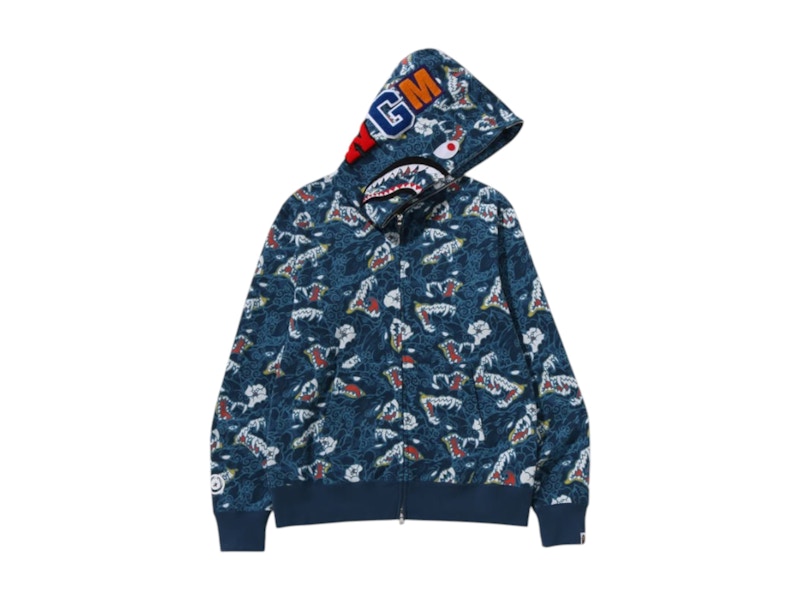 BAPE A Bathing Ape Japanese Tattoo Camo Shark Full Zip Hoodie Blue