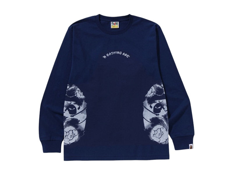 BAPE A Bathing Ape Japanese Tattoo Side Big Ape Head Long Sleeve Tee Navy