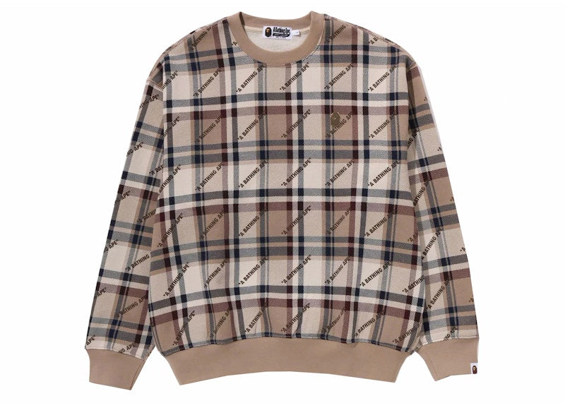 BAPE A Bathing Ape Logo Check Pattern Crewneck Beige