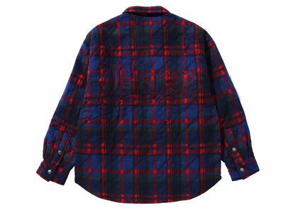 BAPE A Bathing Ape Logo Check Pattern Padded Flannel Shirt Jacket Navy