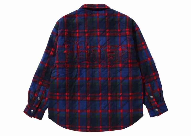 BAPE A Bathing Ape Logo Check Pattern Padded Flannel Shirt Jacket Navy