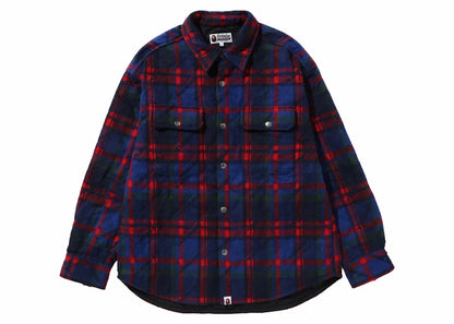 BAPE A Bathing Ape Logo Check Pattern Padded Flannel Shirt Jacket Navy