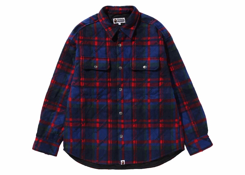 BAPE A Bathing Ape Logo Check Pattern Padded Flannel Shirt Jacket Navy