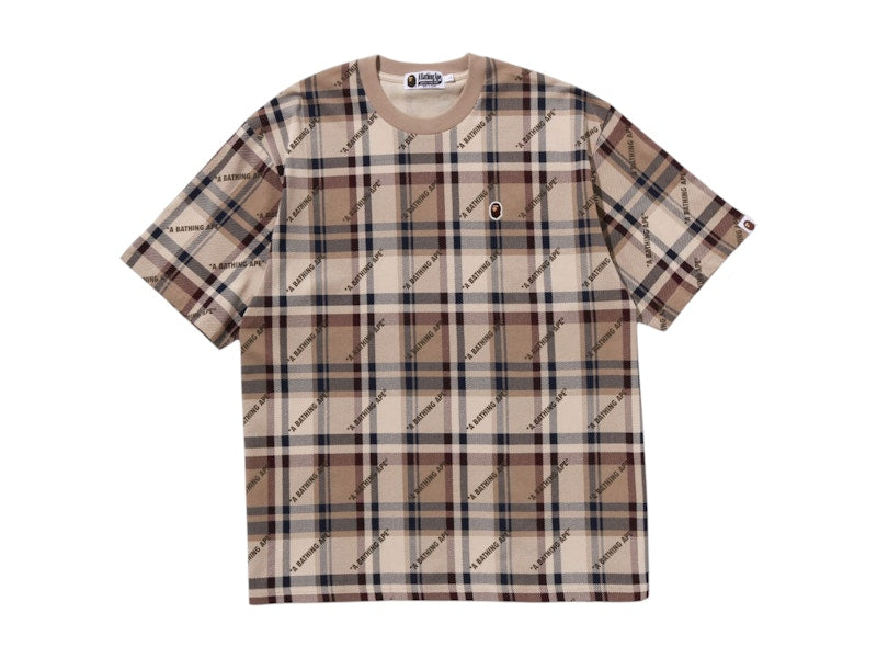 BAPE A Bathing Ape Logo Check Pattern Tee Beige