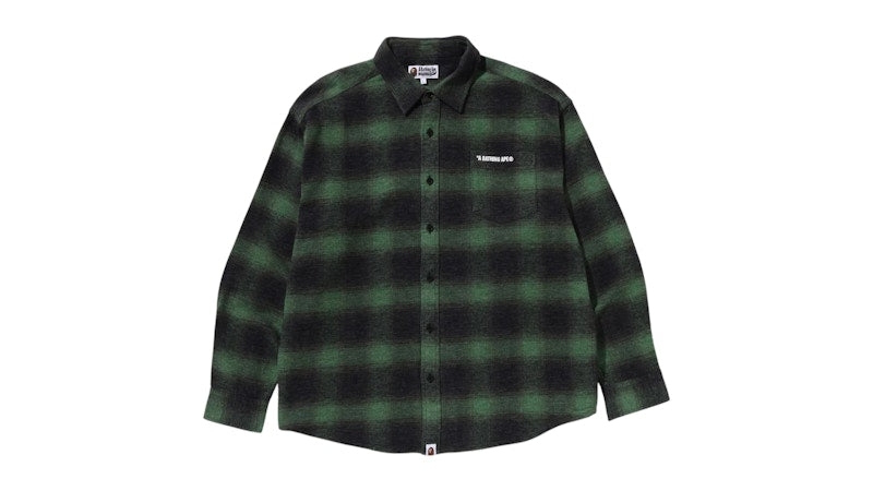BAPE A Bathing Ape Logo Ombre Check Flannel L/S Shirt Green