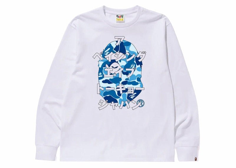 BAPE ABC Camo Japanese Letters Long Sleeve Tee White/Blue