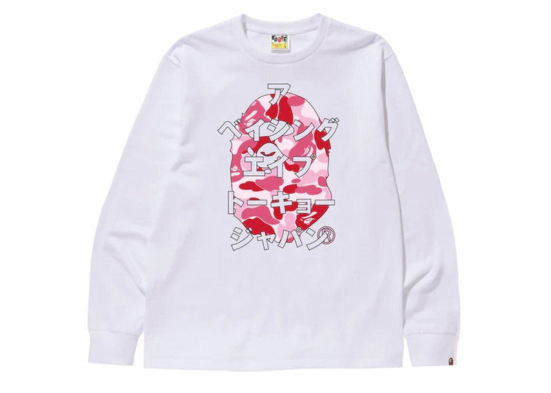 BAPE ABC Camo Japanese Letters Long Sleeve Tee White/Pink