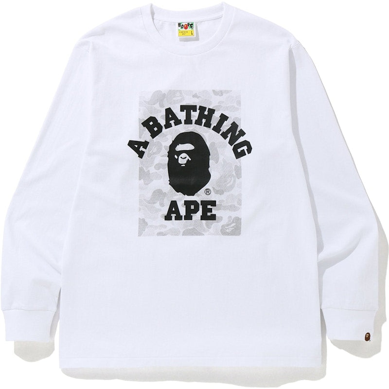 BAPE ABC Dot Reflective Camo on College Long Sleeve Tee White