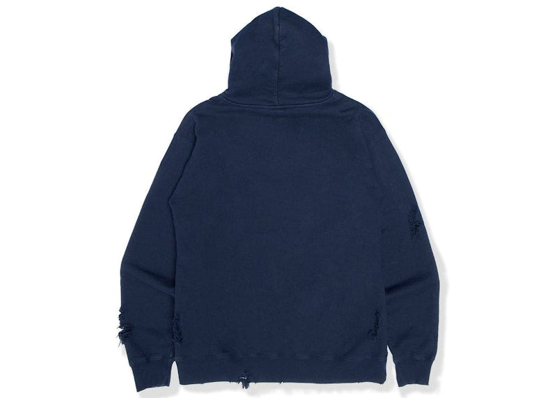 BAPE BLACK Label Logo Distressed Hoodie Navy