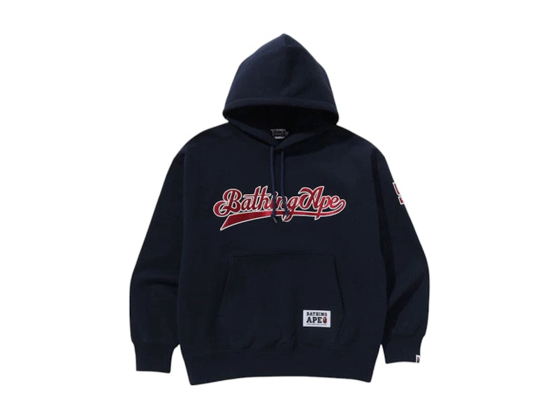 BAPE Baseball Logo Relaxed Fit Pullover Hoodie Navy