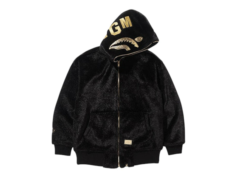 BAPE Black Collection Black & Gold Fur Leather Shark Bomber Jacket Black