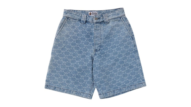BAPE College Monogram Relaxed Fit 13oz Denim Shorts Light Indigo