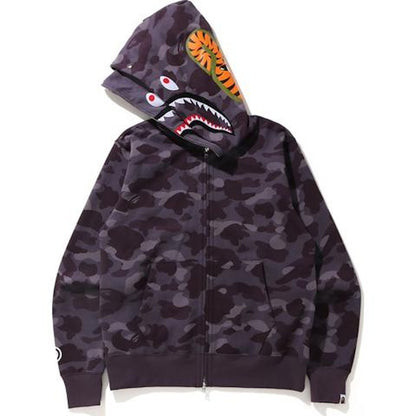 BAPE Color Camo Shark Wide Full Zip Double Hoodie Burgundy