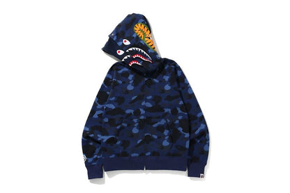 BAPE Color Camo Shark Wide Full Zip Double Hoodie Navy