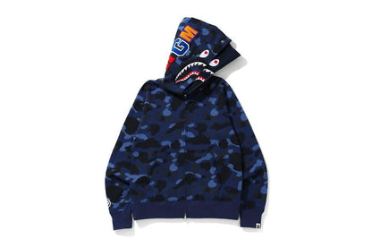 BAPE Color Camo Shark Wide Full Zip Double Hoodie Navy