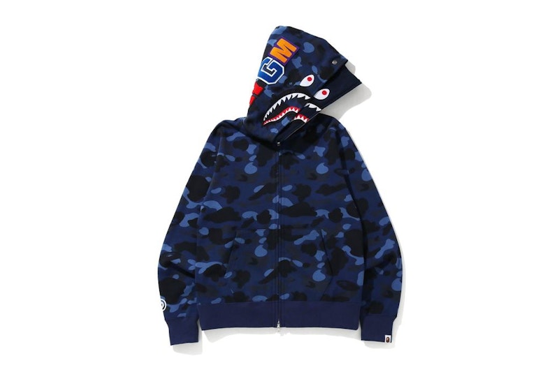 BAPE Color Camo Shark Wide Full Zip Double Hoodie Navy