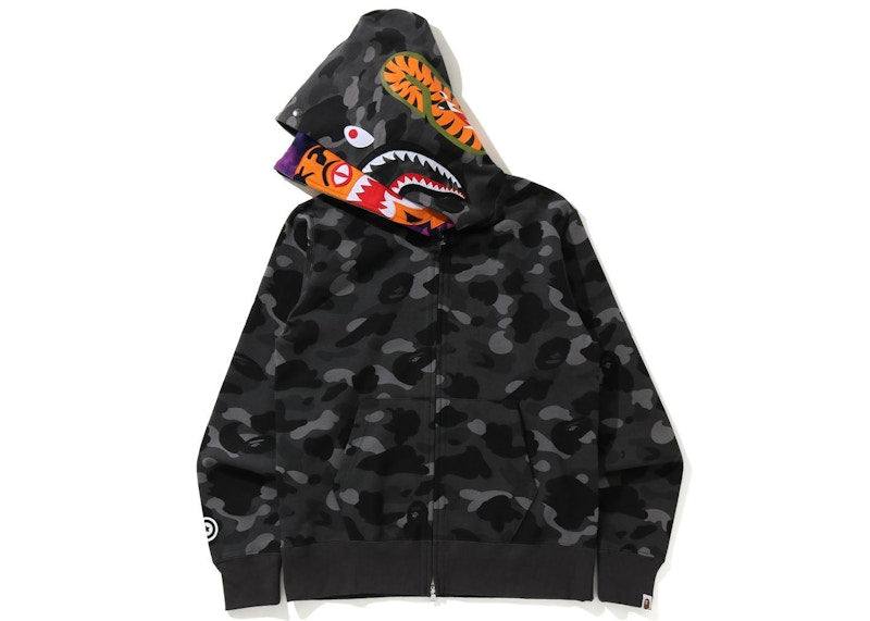 BAPE Color Camo Tiger Shark Wide Full Zip Double Hoodie Black