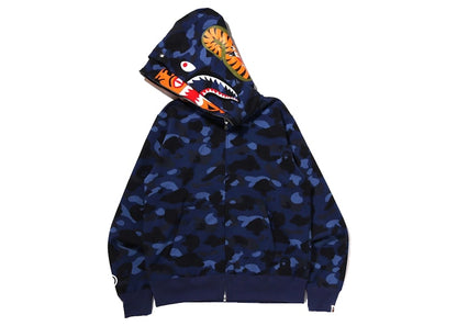 BAPE Color Camo Tiger Shark Wide Full Zip Double Hoodie (SS22) Navy