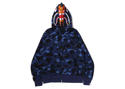 BAPE Color Camo Tiger Shark Wide Full Zip Double Hoodie (SS22) Navy